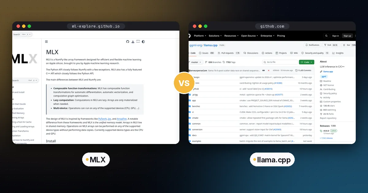 Side by side screenshots of the MLX and llama.cpp websites