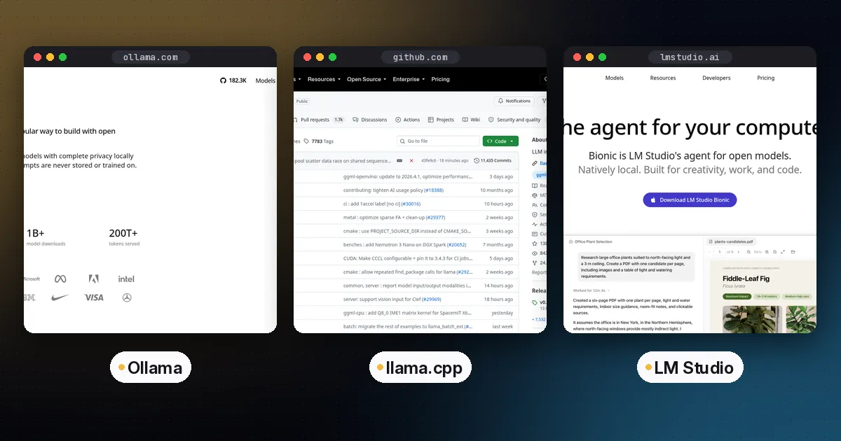 Side by side screenshots of the Ollama, llama.cpp and LM Studio websites