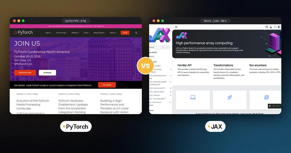 Side by side screenshots of the PyTorch and JAX websites