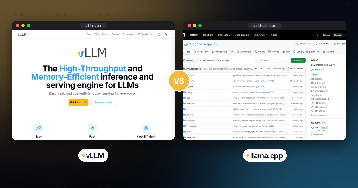 Side by side screenshots of the vLLM and llama.cpp websites